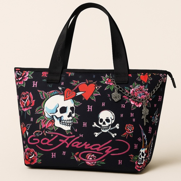 Ed Hardy Tattoo Print Tote Bag with Charms Logo Rose Tiger Black Nylon NWT - Picture 1 of 9